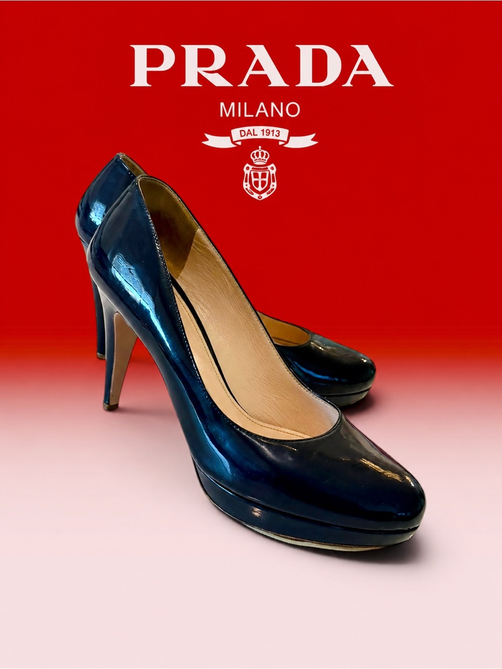 Prada Navy Patent Leather Platform Pumps size 38